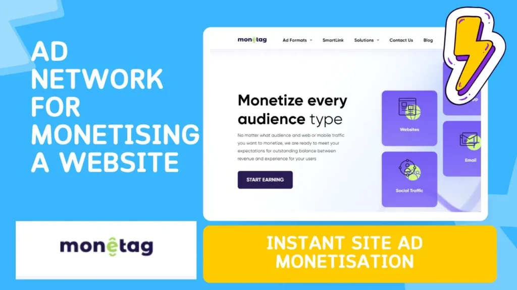 Monetag platform interface displaying various ad formats for website monetization, emphasizing ease of use and immediate earnings potential.